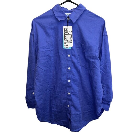Future Collective Gabriella Purple Button-Down Shirt Small 55%Linen 45%Rayon - Picture 1 of 5